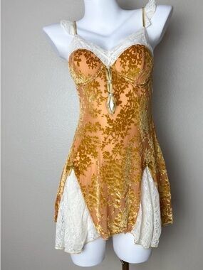Gold Velvet Burnout Chemise with Cream Lace Trim